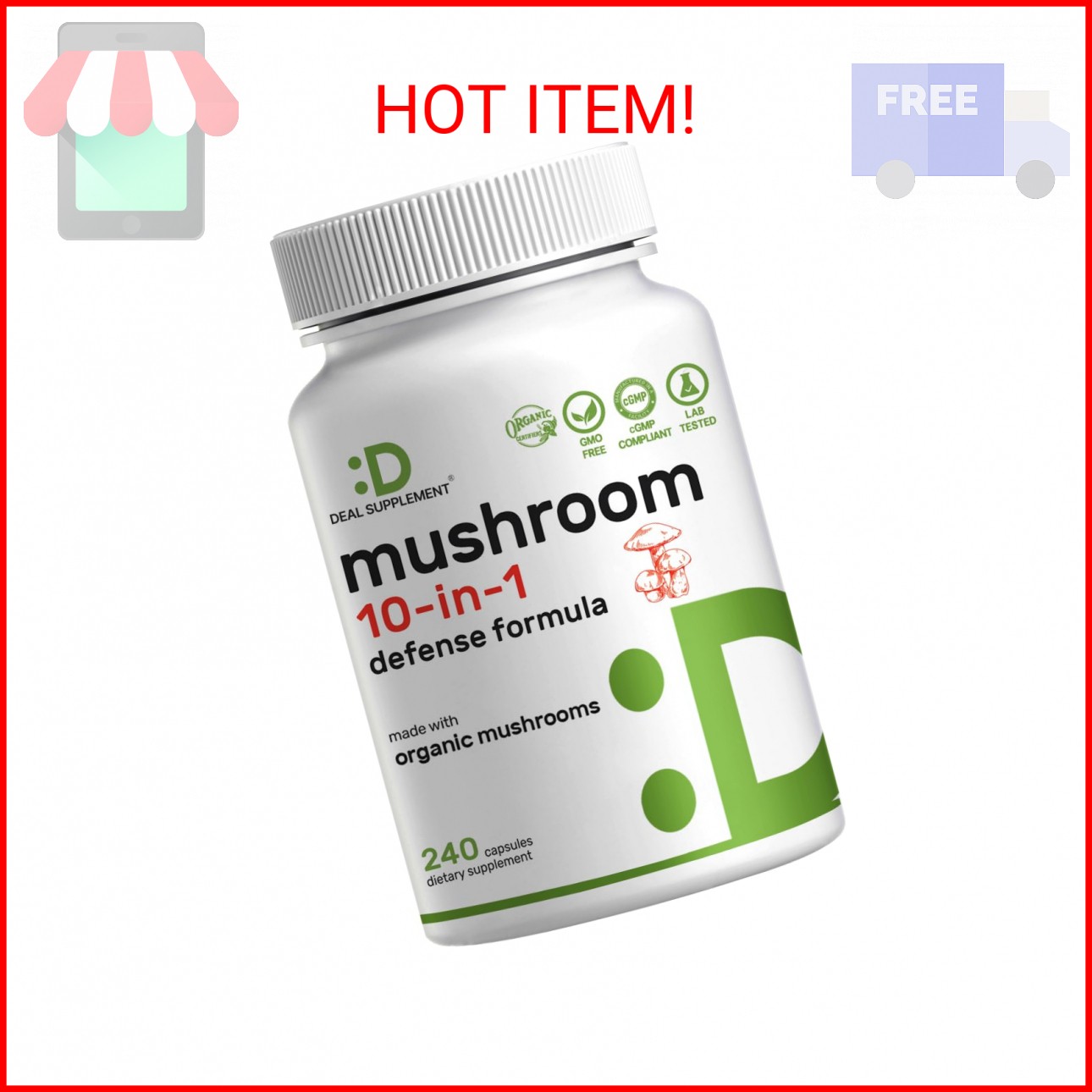 Organic 10-in-1 Mushroom Supplement, 240 Capsules – Lions Mane, Turkey Tail, Rei