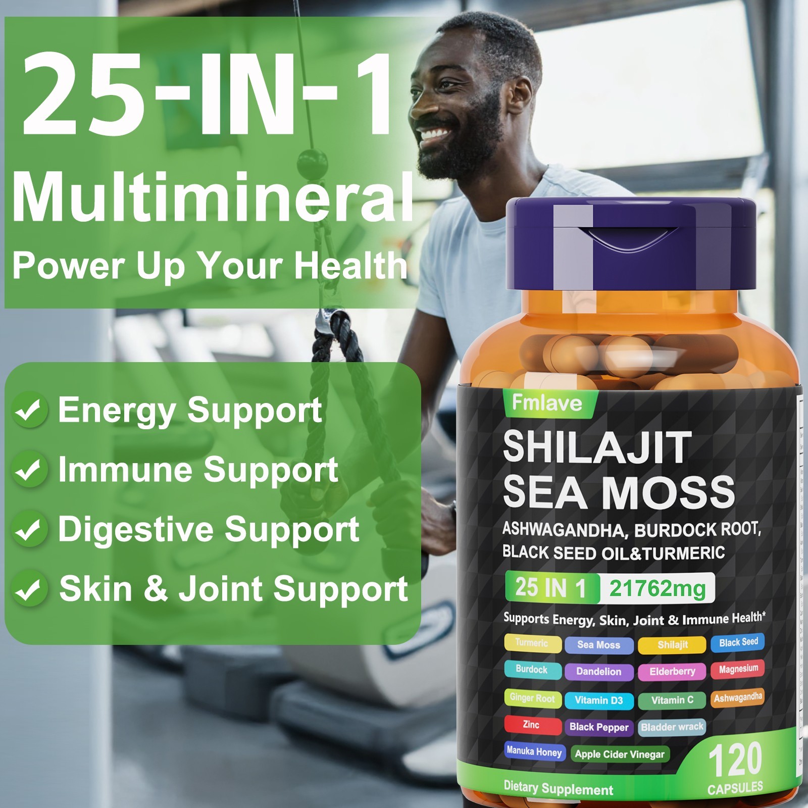 Shilajit Supplement 6000Mg, Sea Moss 6000Mg, Ashwagandha 1800Mg Turmeric 120caps