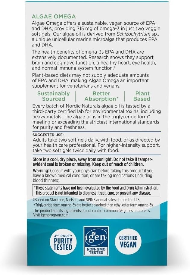 Nordic Naturals Algae Omega 90 Soft Gels 715 mg Omega-3 Certified Vegan