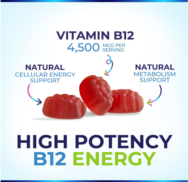 Vitamin B12 Energy Gummies – Extra Strength 4500mcg Chewable for Energy, Metabol