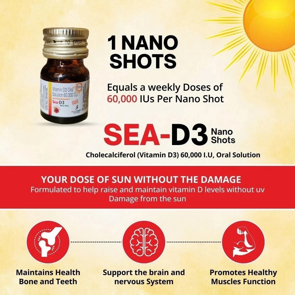 SEA D3 Nano Shots/Vitamin D3 60000 I.U Suga Free Oral Solution 8 Shots