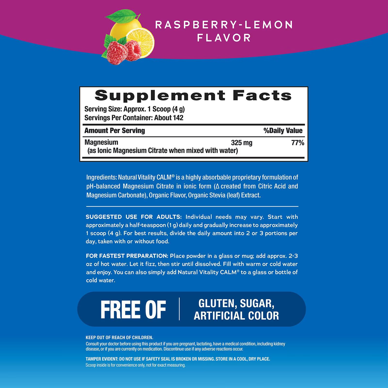 Natural Vitality Calm Magnesium Raspberry Lemon Mix 20oz 142 Servings Exp 02/28