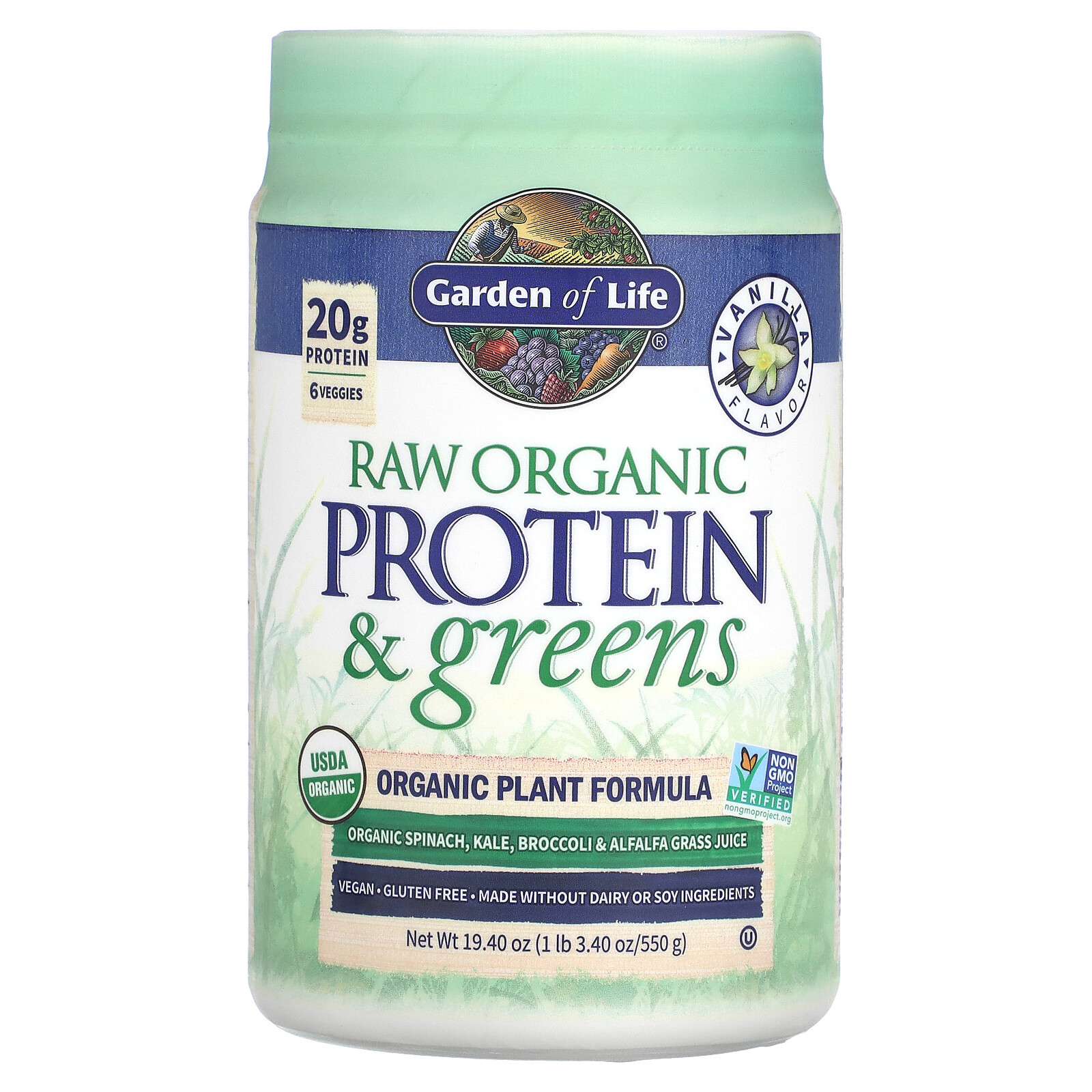 RAW Organic Protein & Greens, Plant Formula, Vanilla, 19.40 oz (550 g)