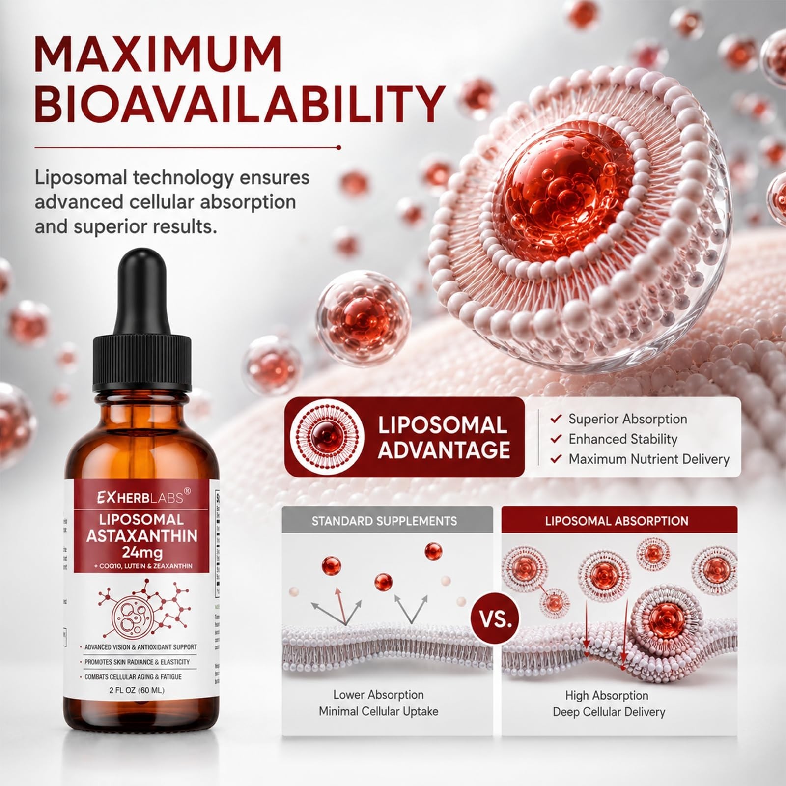 Liposomal Astaxanthin 24mg Liquid Drops – Antioxidant for Skin & Eye Health, Non