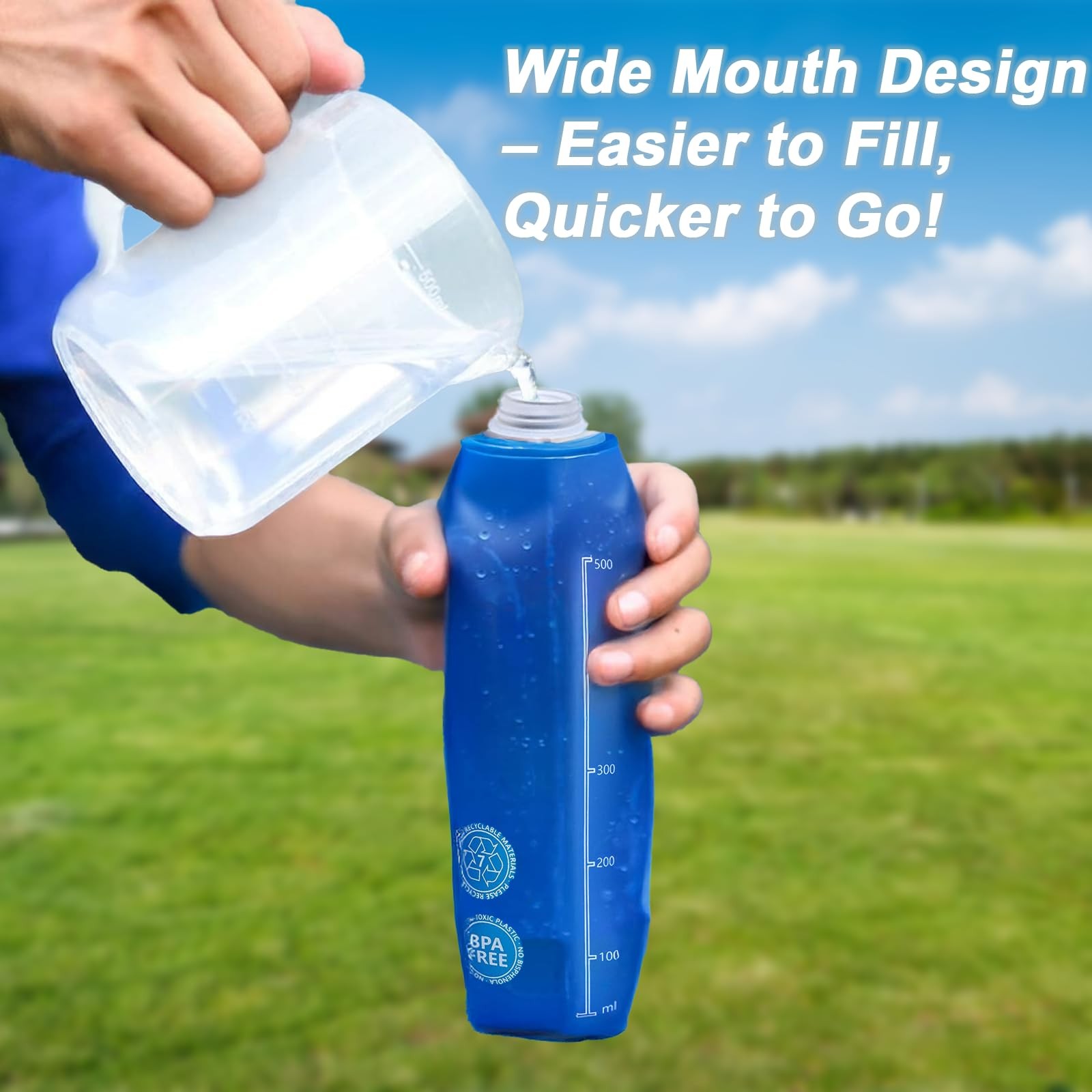 2 Pack Collapsible Water Bottle 500ml – BPA-Free Foldable Soft 500 ml, blue