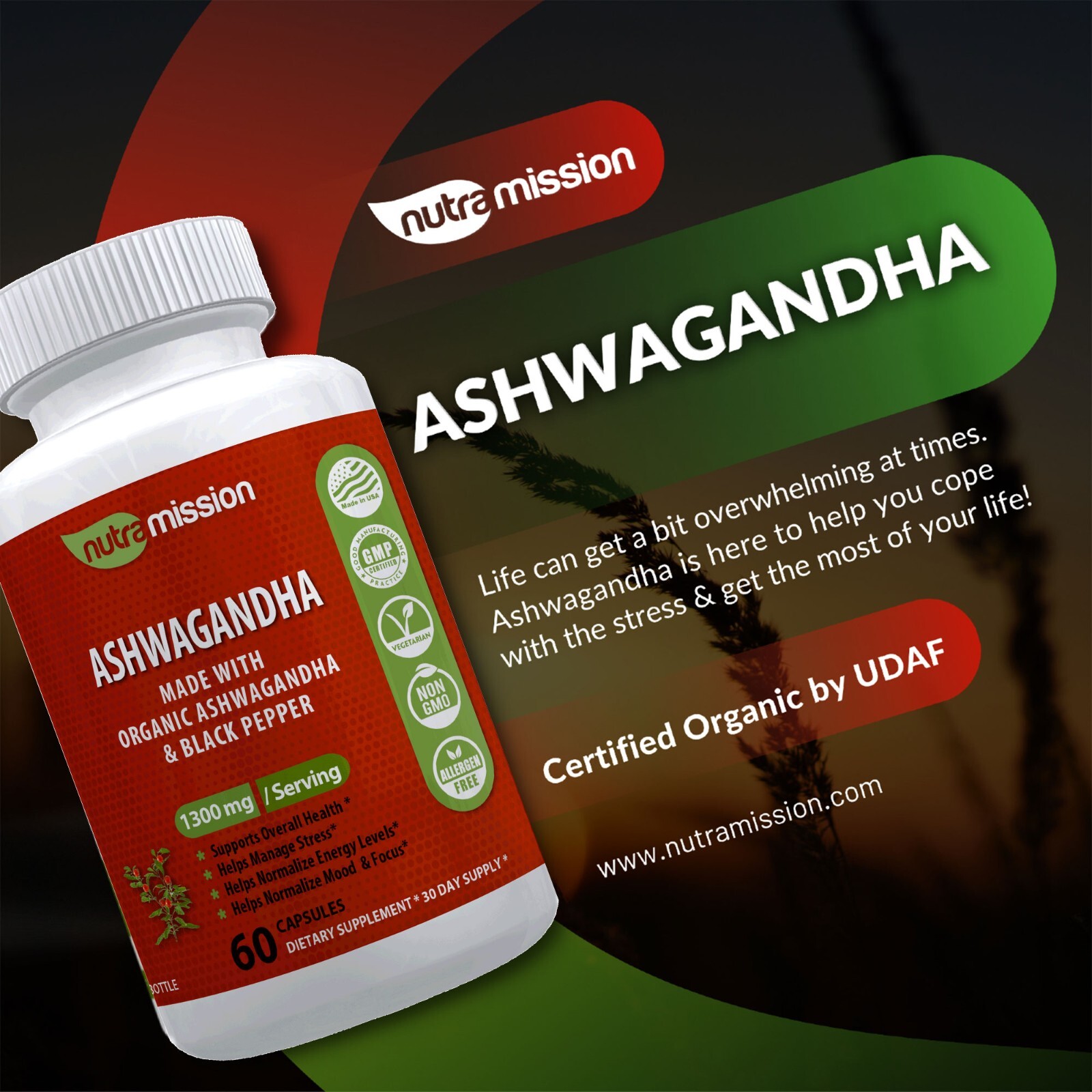 Ashwagandha Capsules 1300mg with Black Pepper-120ct