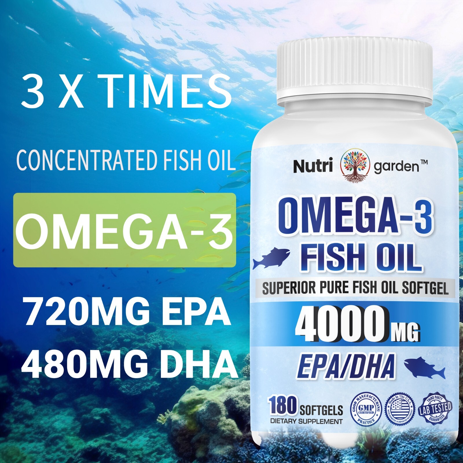 (2pack) 4000mg Omega-3 180 Softgels Triple Strength Burpless Fish Oil Supplement