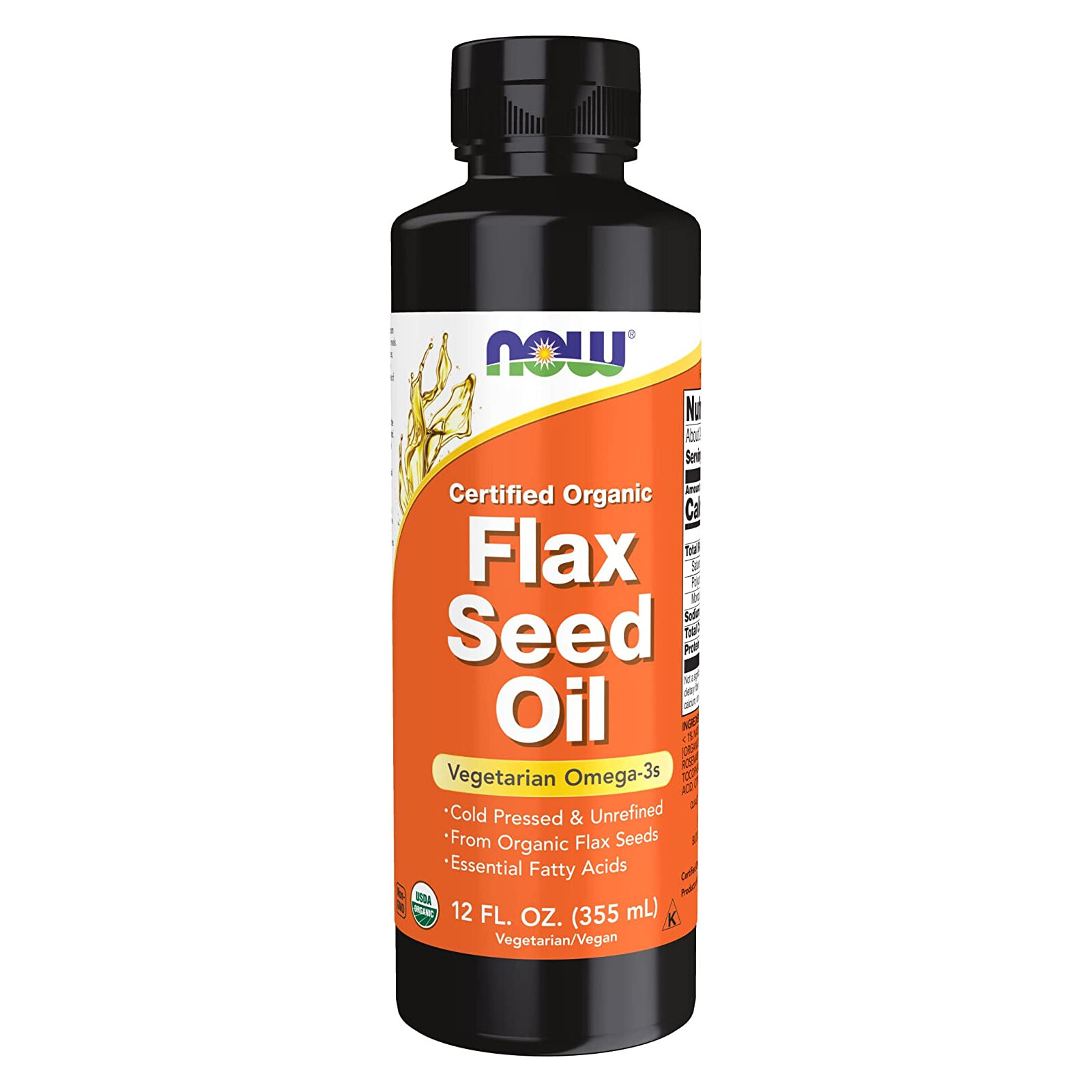 NOW Flax Seed Oil Liquid Organic – 12 fl oz, Cold Pressed, Unrefined, Omega 3s