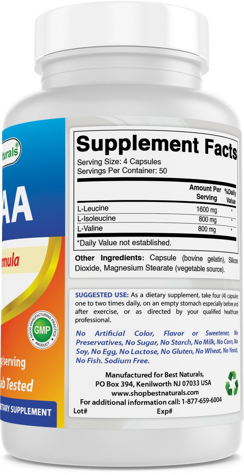 2 Pack Best Naturals BCAA 3200mg per Serving, 200 Capsules