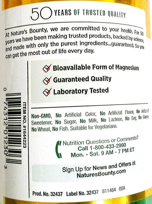 Nature’s Bounty Magnesium Glycinate 240 mg Muscle Relaxation 180 Ct EXP 04/2028