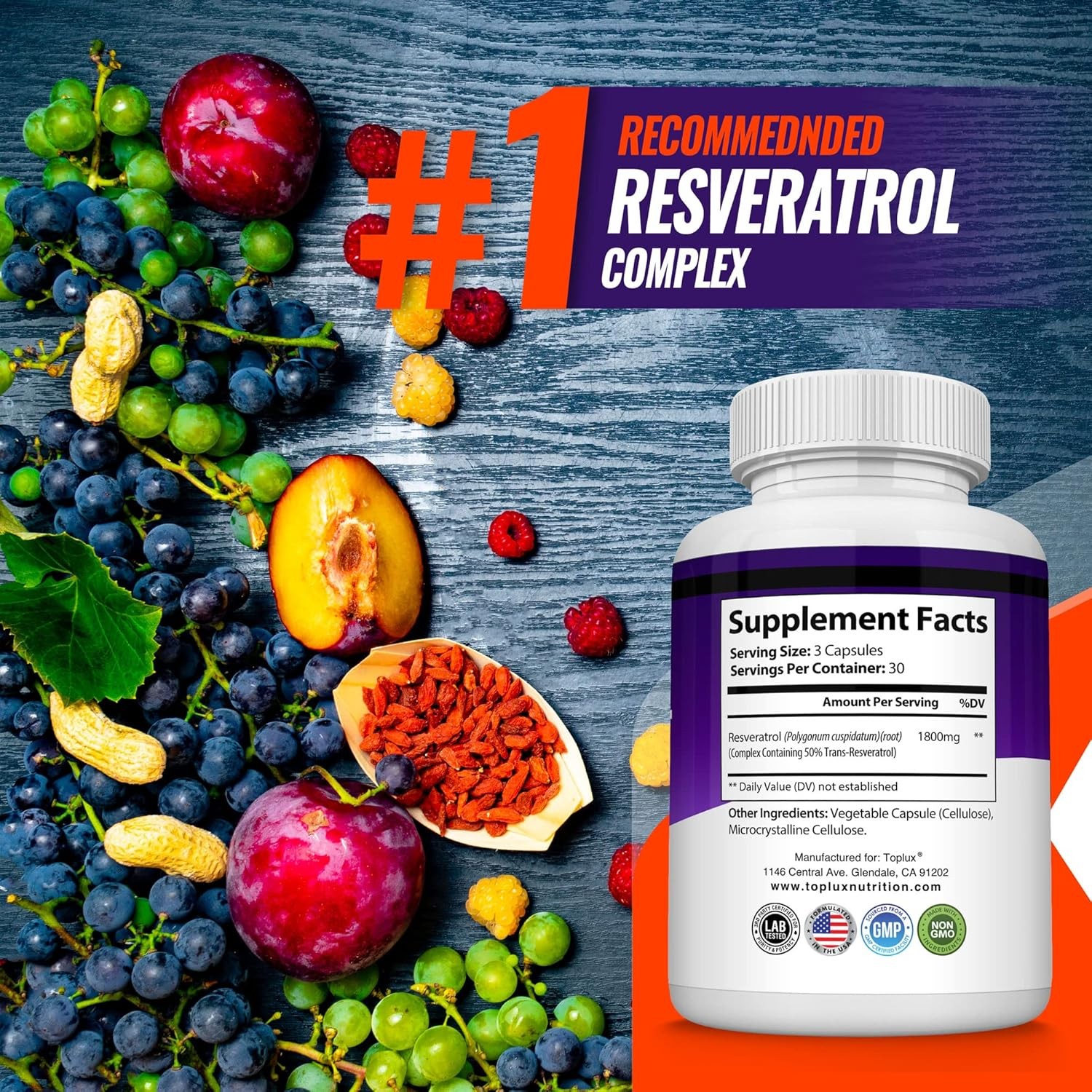 High Potency Resveratrol Supplement 1800mg Antioxidant Complex 90 Count