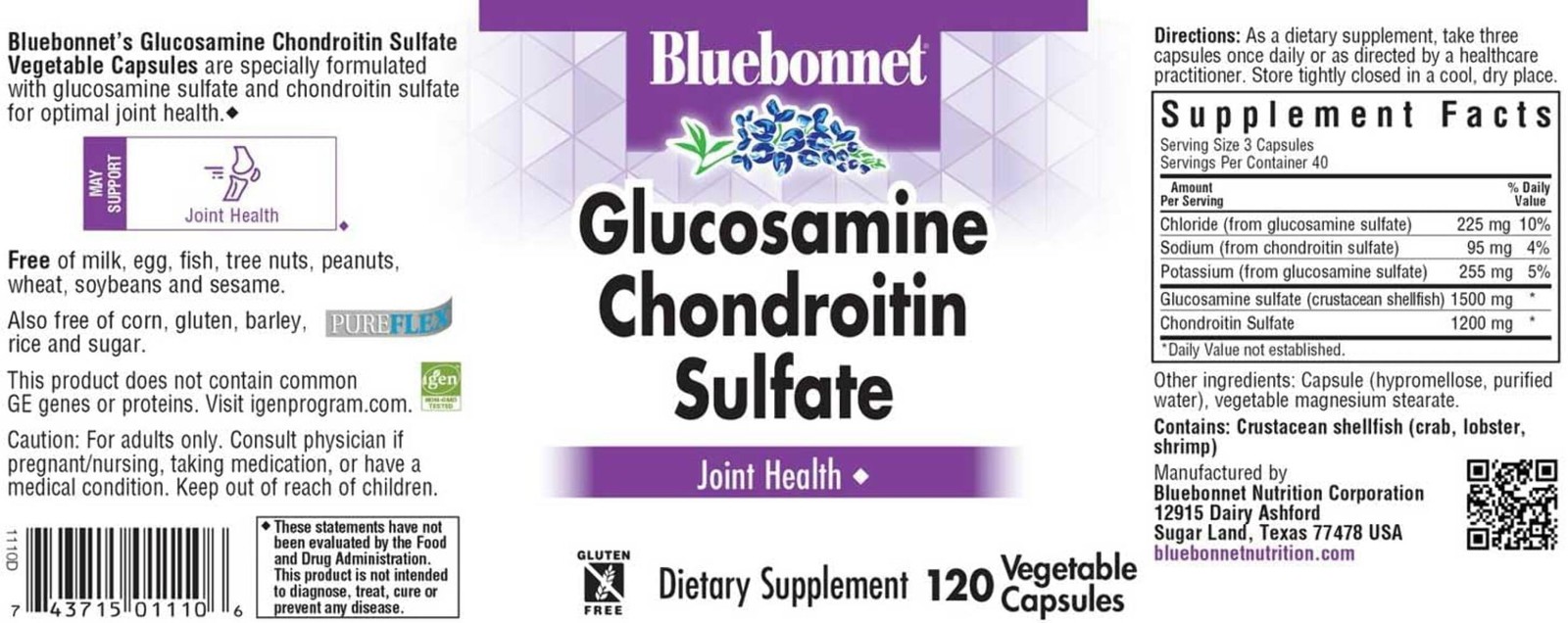 Bluebonnet Nutrition – GLUSCOSAMINE CHONDROITIN SULFATE 120 Veg Caps EXP 06/27