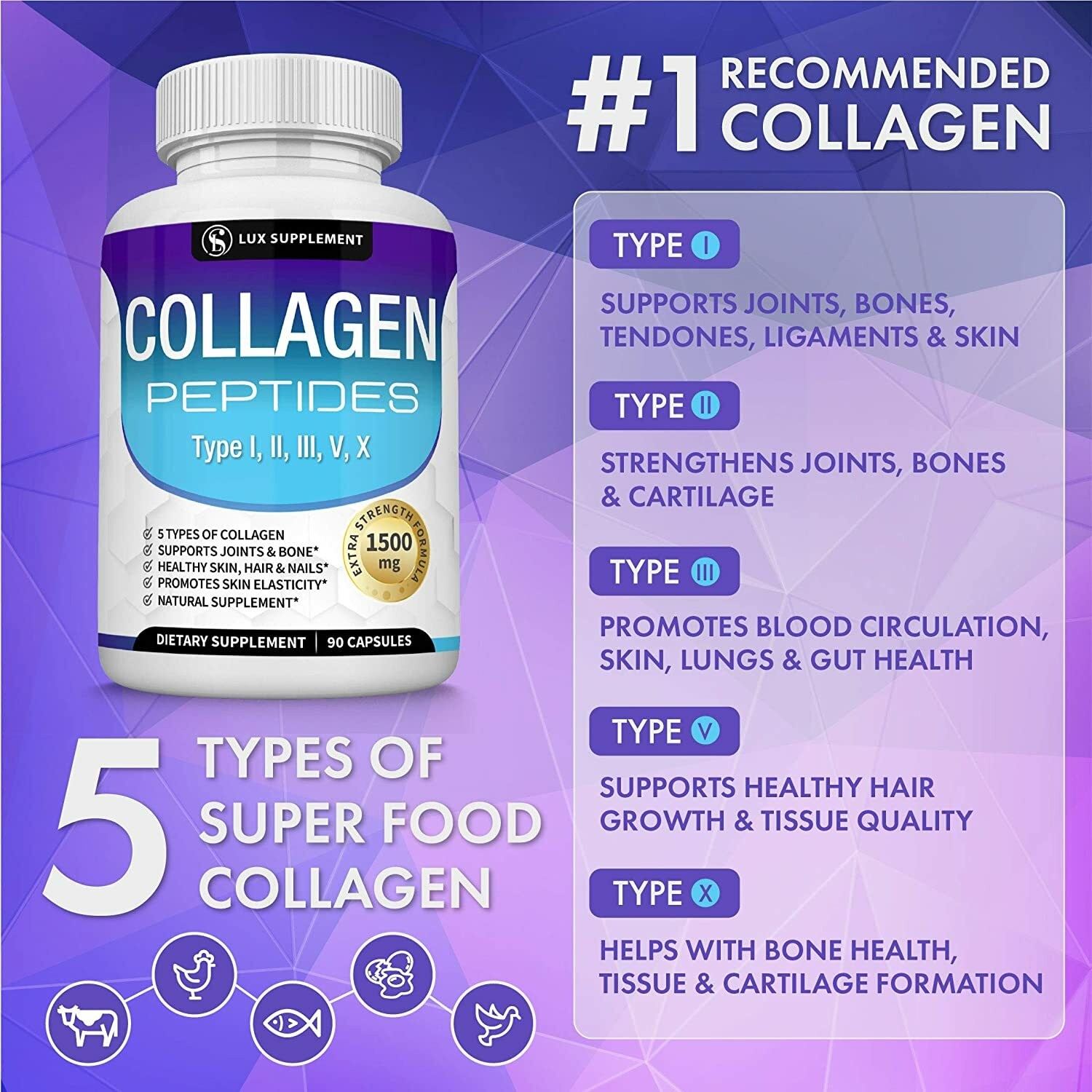 Premium Collagen Peptides 1500 MG Hydrolyzed Anti-Aging (Types I,II,III,V,X)*