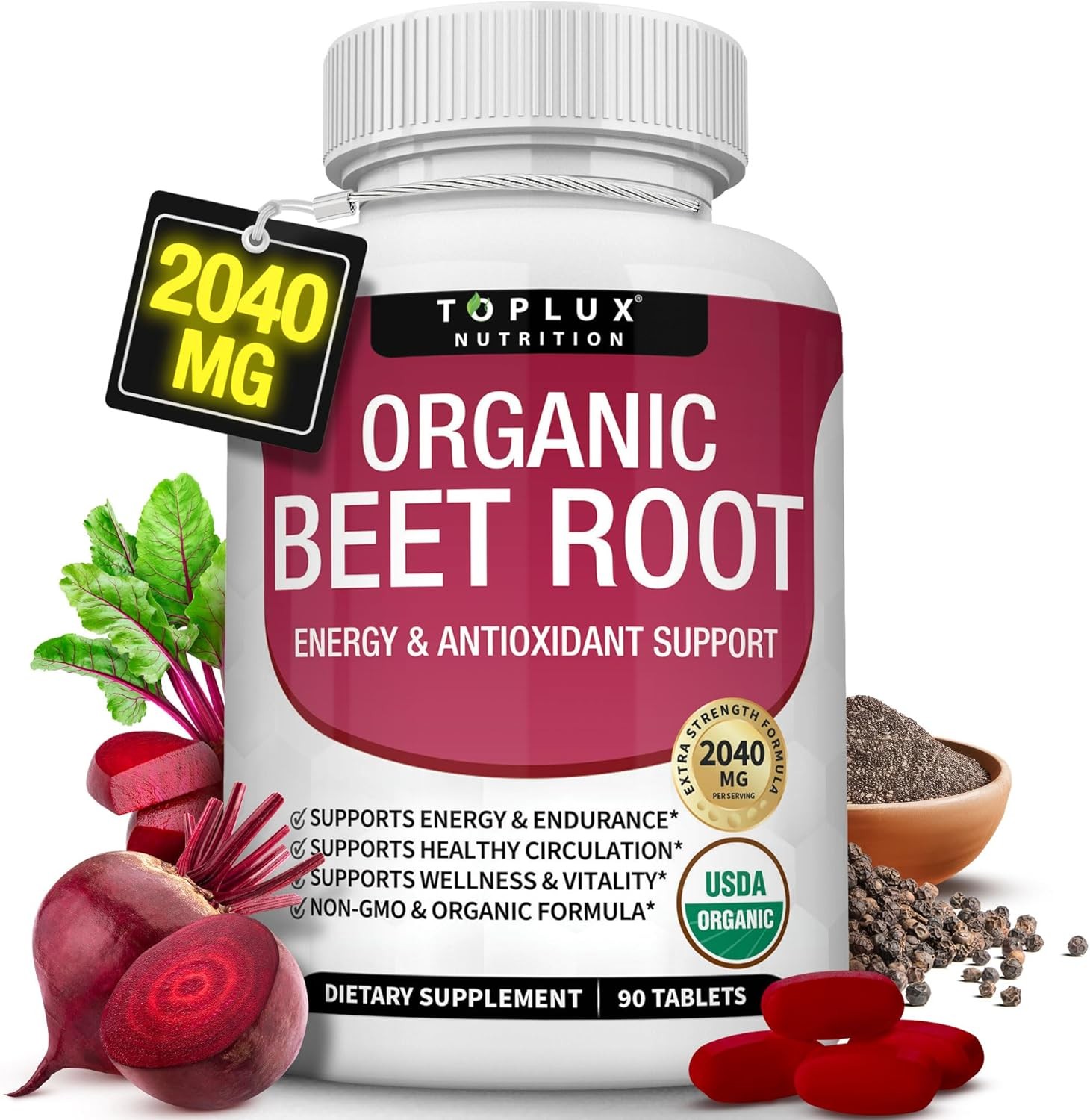 Toplux Organic Beet Root 2040mg Nitric Oxide Support 90 Capsules