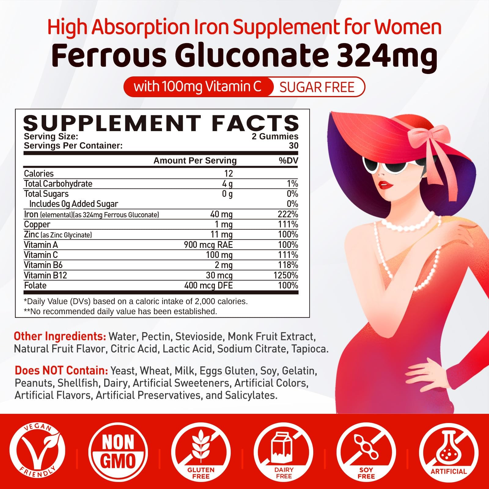Iron Supplement for Women Teen Girls, Ferrous Gluconate 1 Count (Pack of 60)
