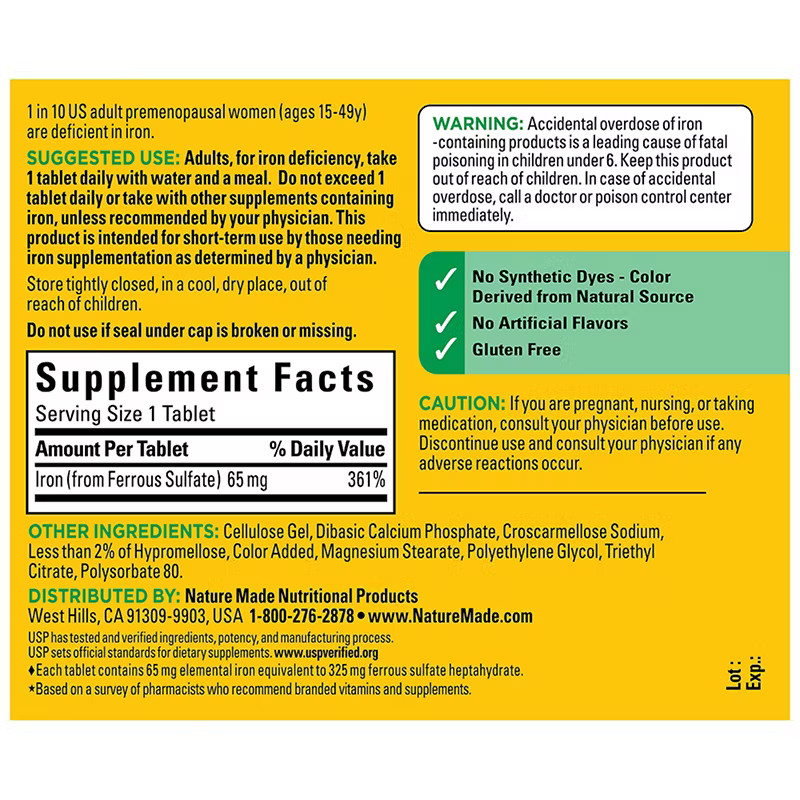 Nature Made Iron 65mg Tablets 365 Ct Ferrous Sulfate Dietary Supplement EXP:8/27