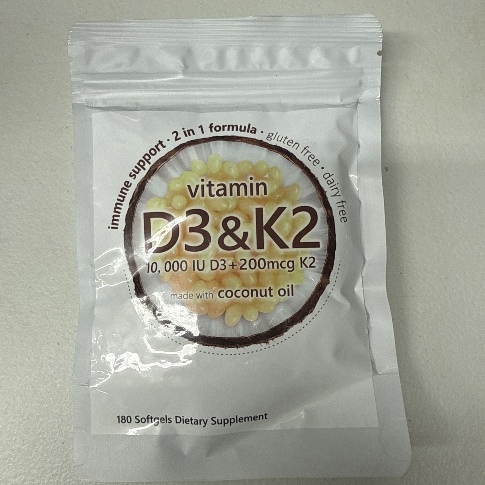 Vitamin D3 10000 iu Plus K2 (MK-7) 200 mcg, 180 Virgin Coconut Oil Softgels