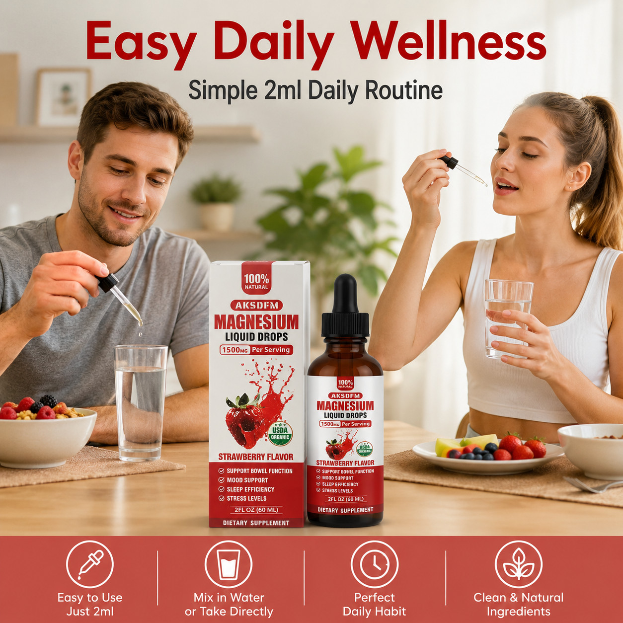 2 Pack Magnesium Liquid Drops 1500mg Strawberry Flavor 2 fl oz (60ml) Vegan Glut