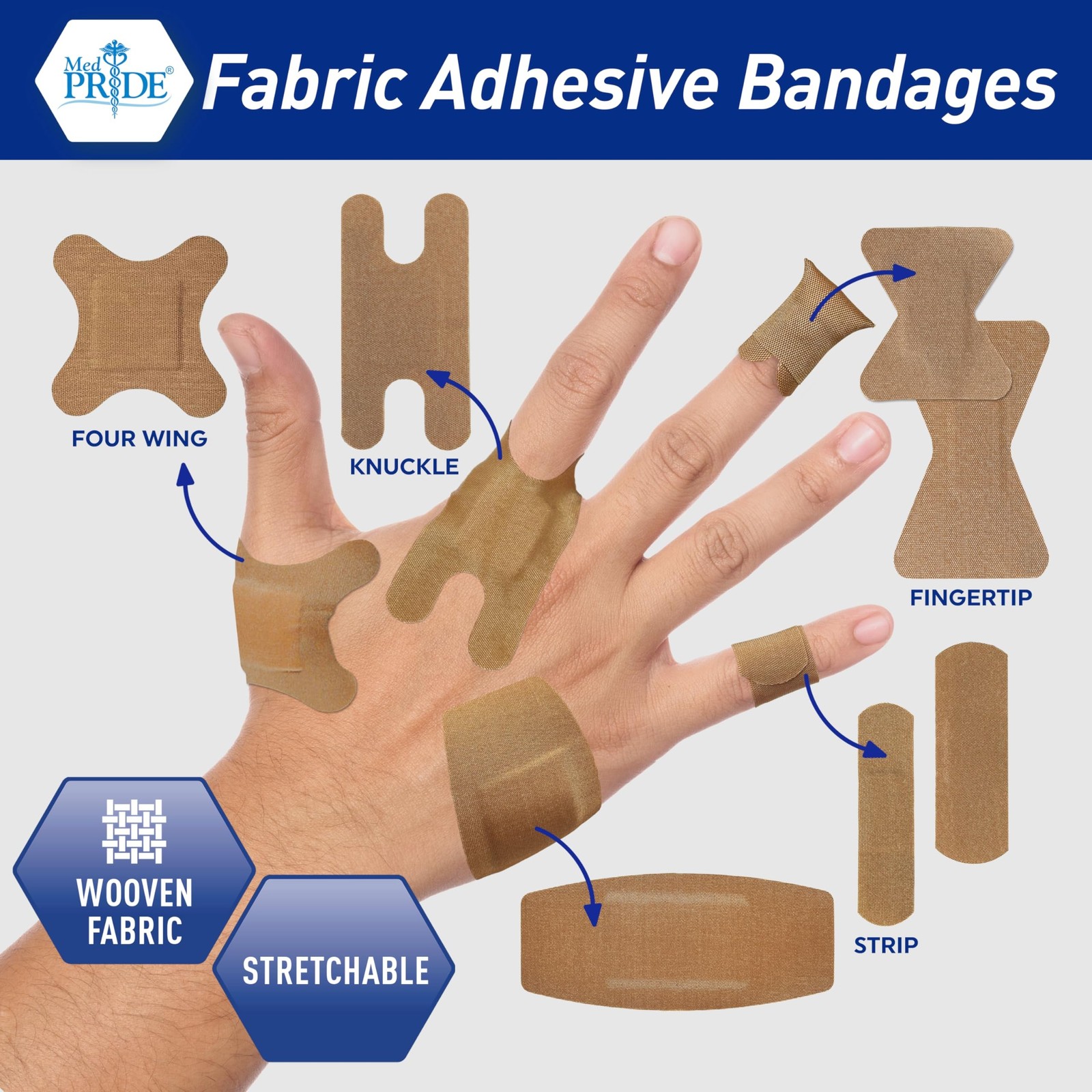 MED PRIDE Fabric Adhesive Bandages,Hypoallergenic,Latex-Free,2×4.5 in,50-Ct