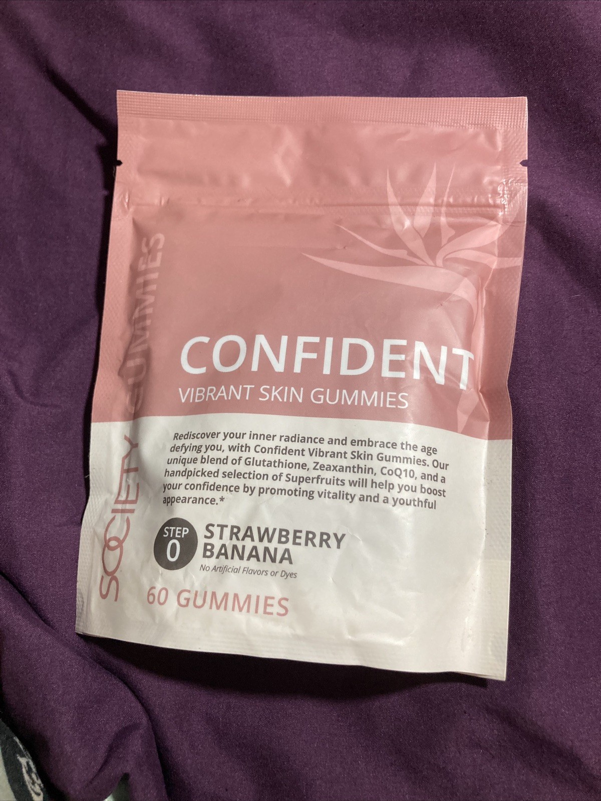 Beauty Society Confident Vibrant Skin Gummies Strawberry Banana Flavor 60 Count