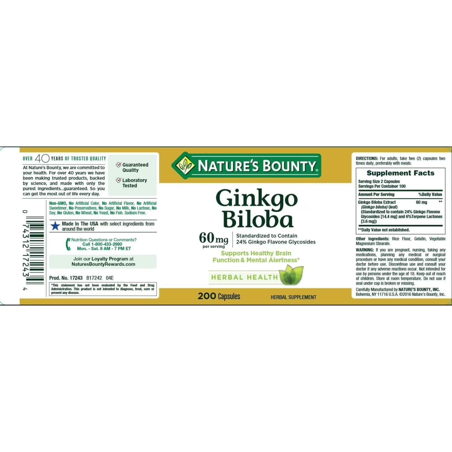 Nature’s Bounty Ginkgo Biloba Capsules, 60 Mg, 200 Ct