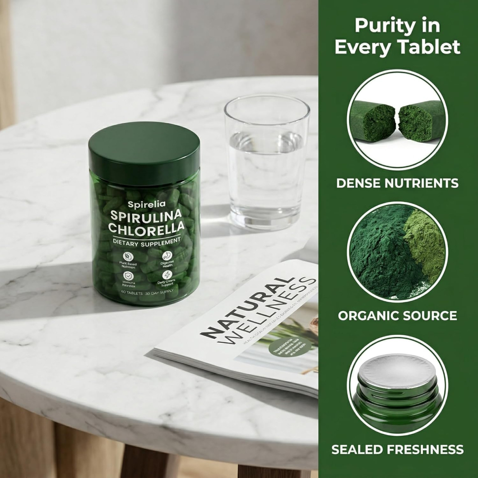 Spirelia Spirulina & Chlorella Tablets Organic Superfood Supplement 60 Count
