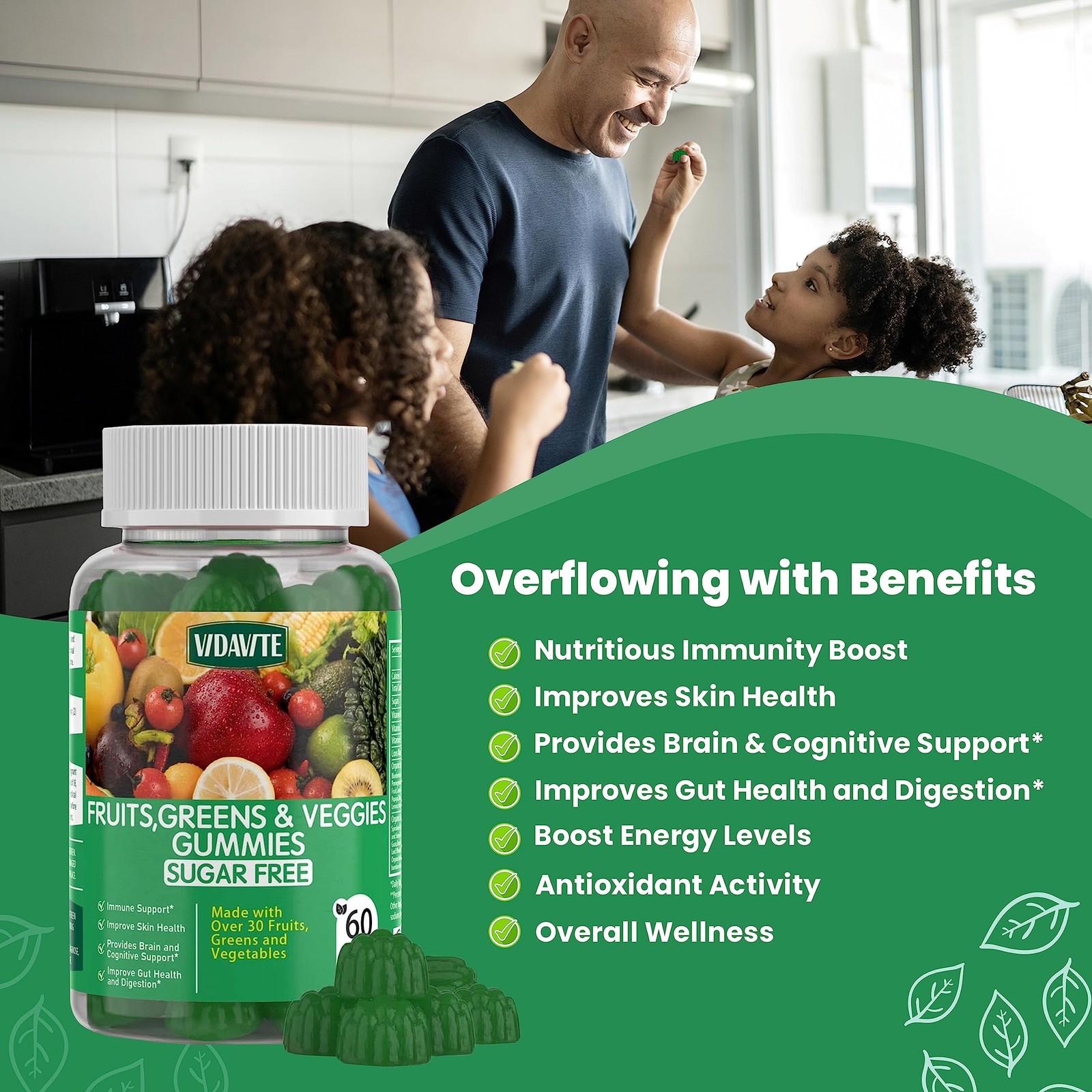 VIDAVITE Sugar-free Super Greens Gummies — 1 Count (Pack of 60), Green