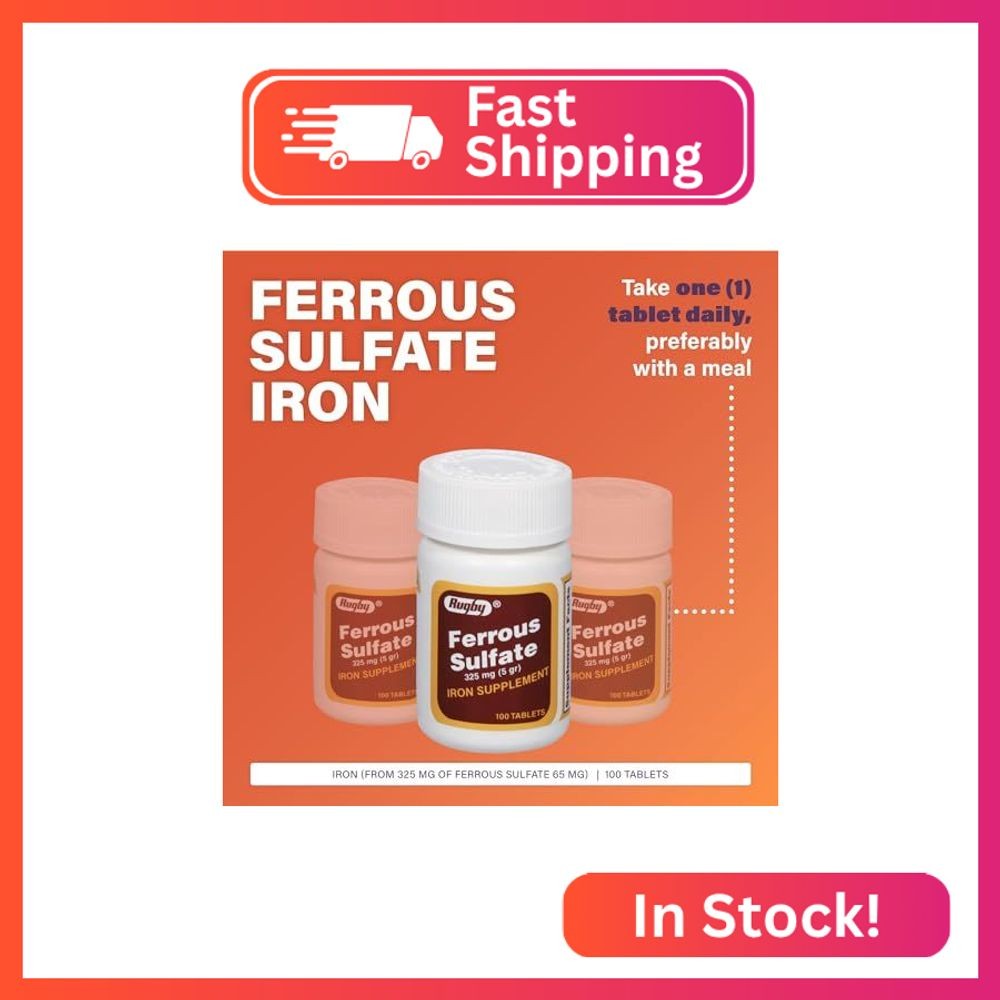 Rugby Ferrous Sulfate 325mg Tablets – Iron Supplement for Women and Men – 100 Co