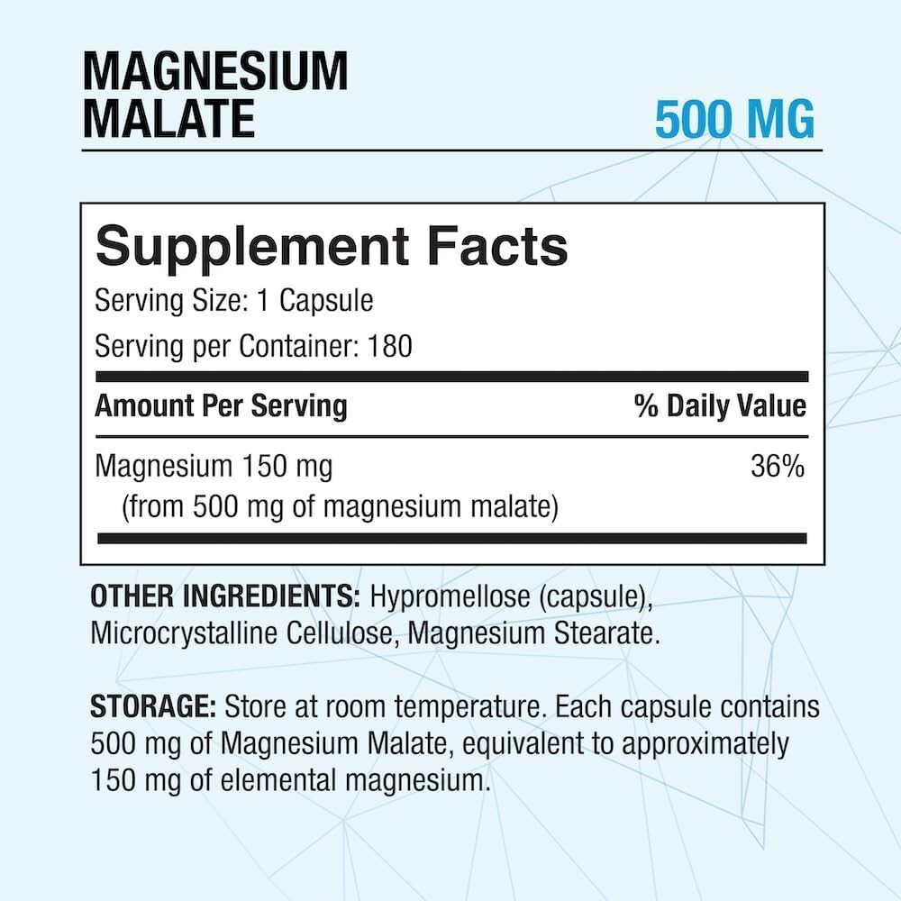 Puregen Labs Magnesium Malate | 500 mg. 180 Vegetarian capsules | Exp 6/27