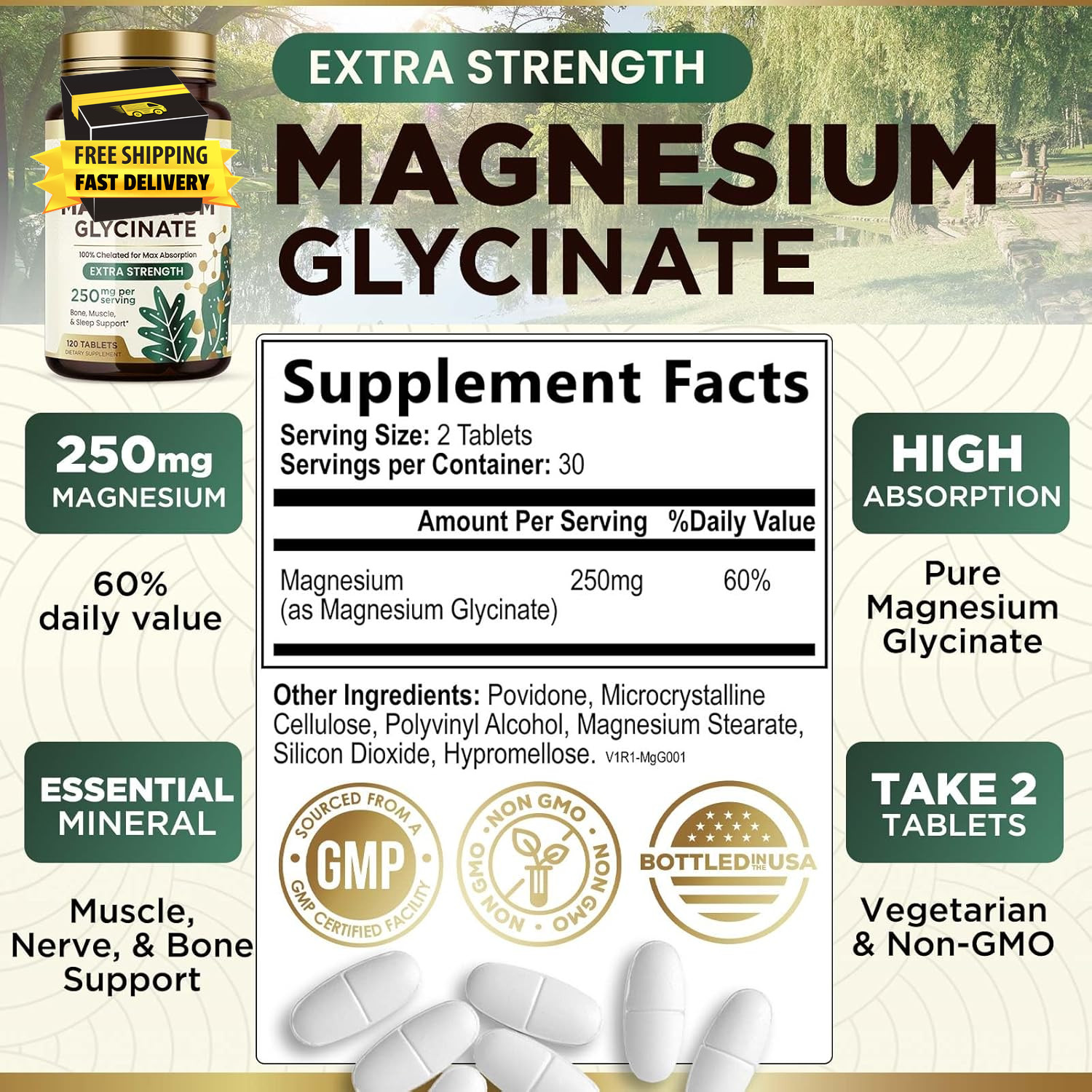 Magnesium (Glycinate) 250 Mg – 100% Chelated & High Absorption Magnesium Supplem