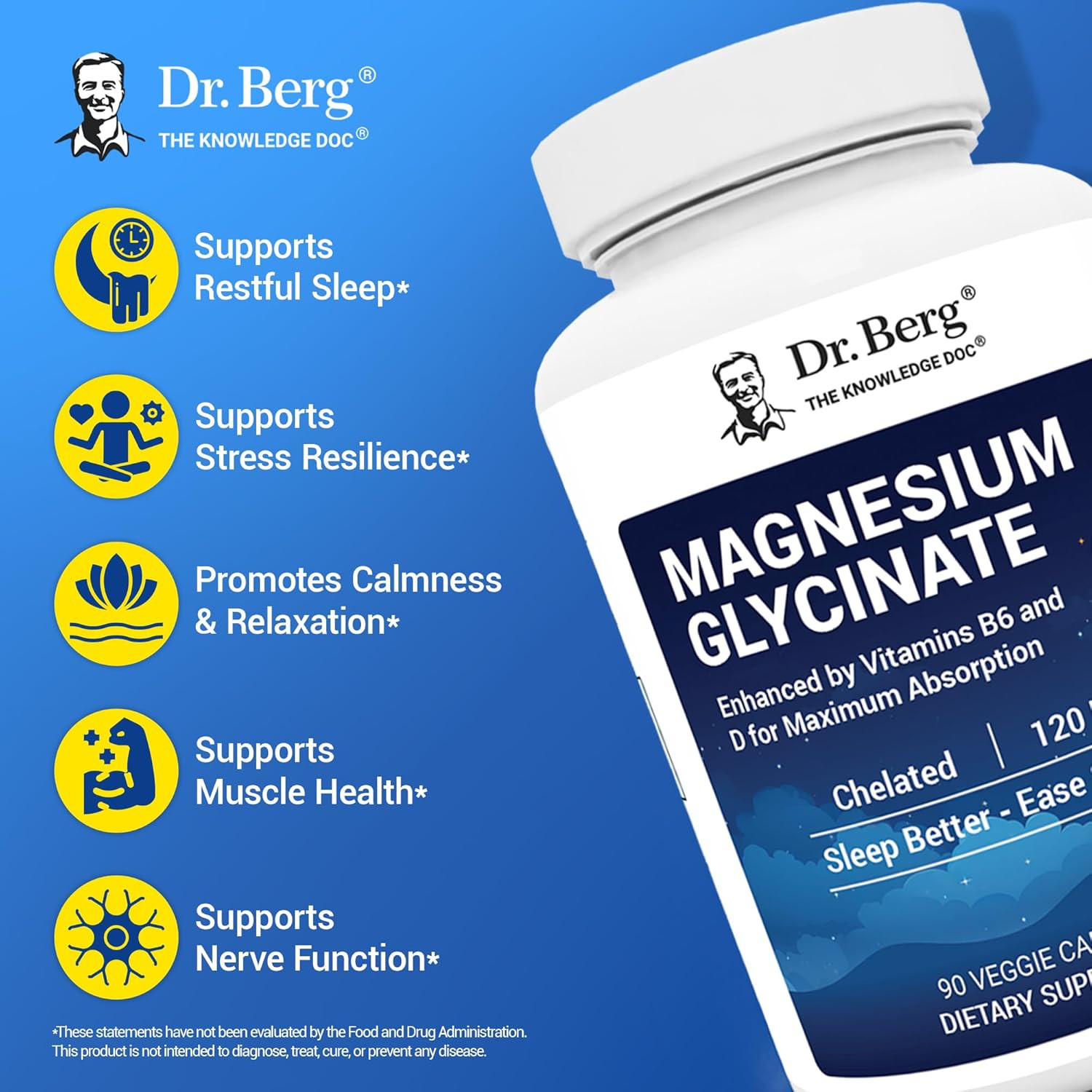 Dr. Berg Magnesium Glycinate with Vitamin D, B6 & Zinc for Stress Relief, Calm,