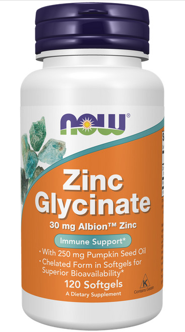 NOW Zinc Glycinate [30mg of Albion™ Zinc] w/ Pumpkin Seed Oil, 120 softgels