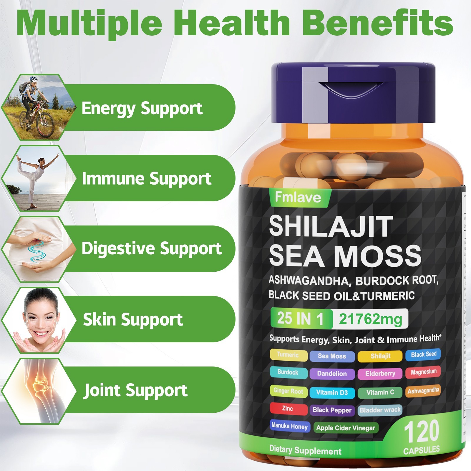 Shilajit Supplement 6000Mg, Sea Moss 6000Mg, Ashwagandha 1800Mg Turmeric 120caps