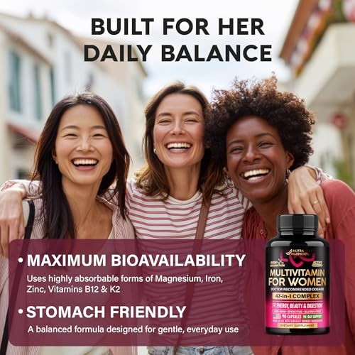 Multivitamin for Women 47-in-1 B-Complex Biotin D3 K2 Iron 90 Capsules 1/Day