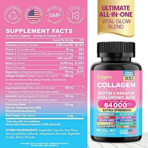 USPS Zoyava Multi Collagen Peptides Pills Types I II III V X Anti-Aging Hair Ski