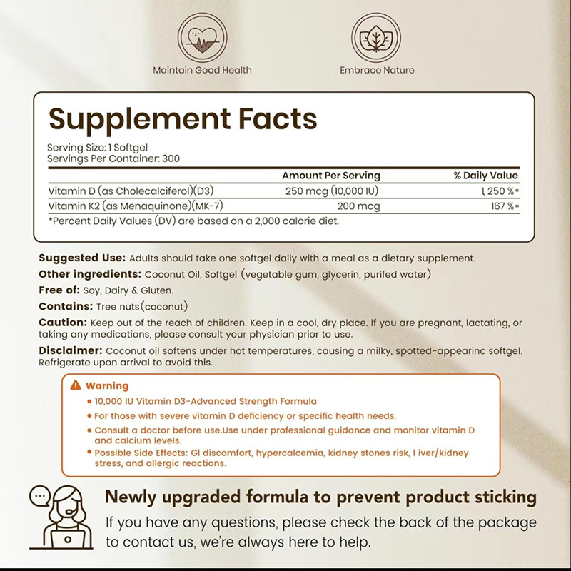 VEV Vitamin D3 K2 10000 lU,300Virgin Coconut OilSoftgels,2in 1 Vitamins Suppleme