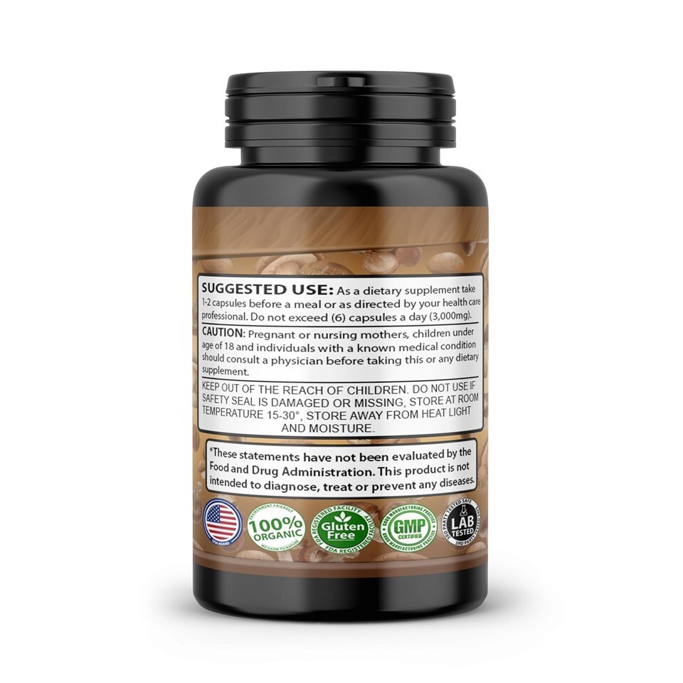 Organic Shiitake Mushroom Capsules 1,000mg With 30% Polysaccharides