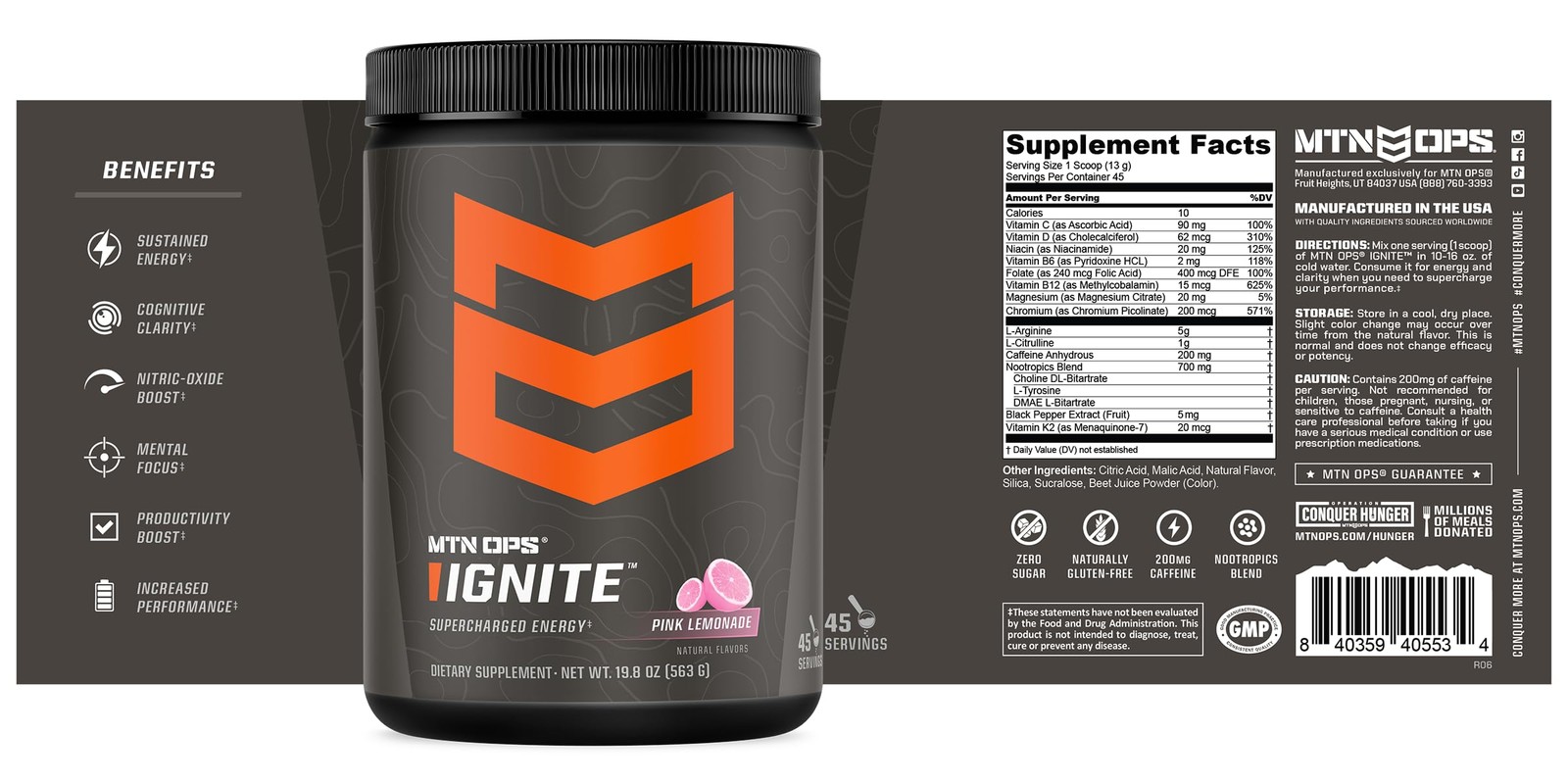 MTN OPS Ignite Energy Drink Powder, Gluten Free Nootropic Supplement Drink Mi…