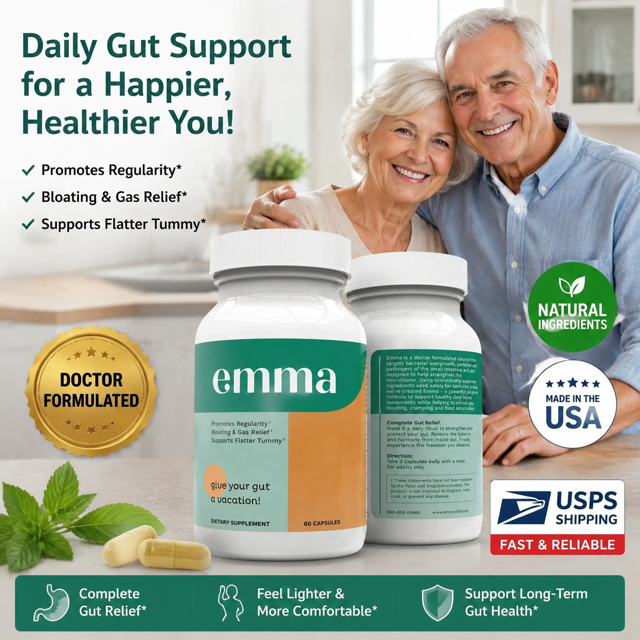 2 bottles Emma Gut Health Supplement for Gas & Bloating Relief,Leaky Gut Repair-