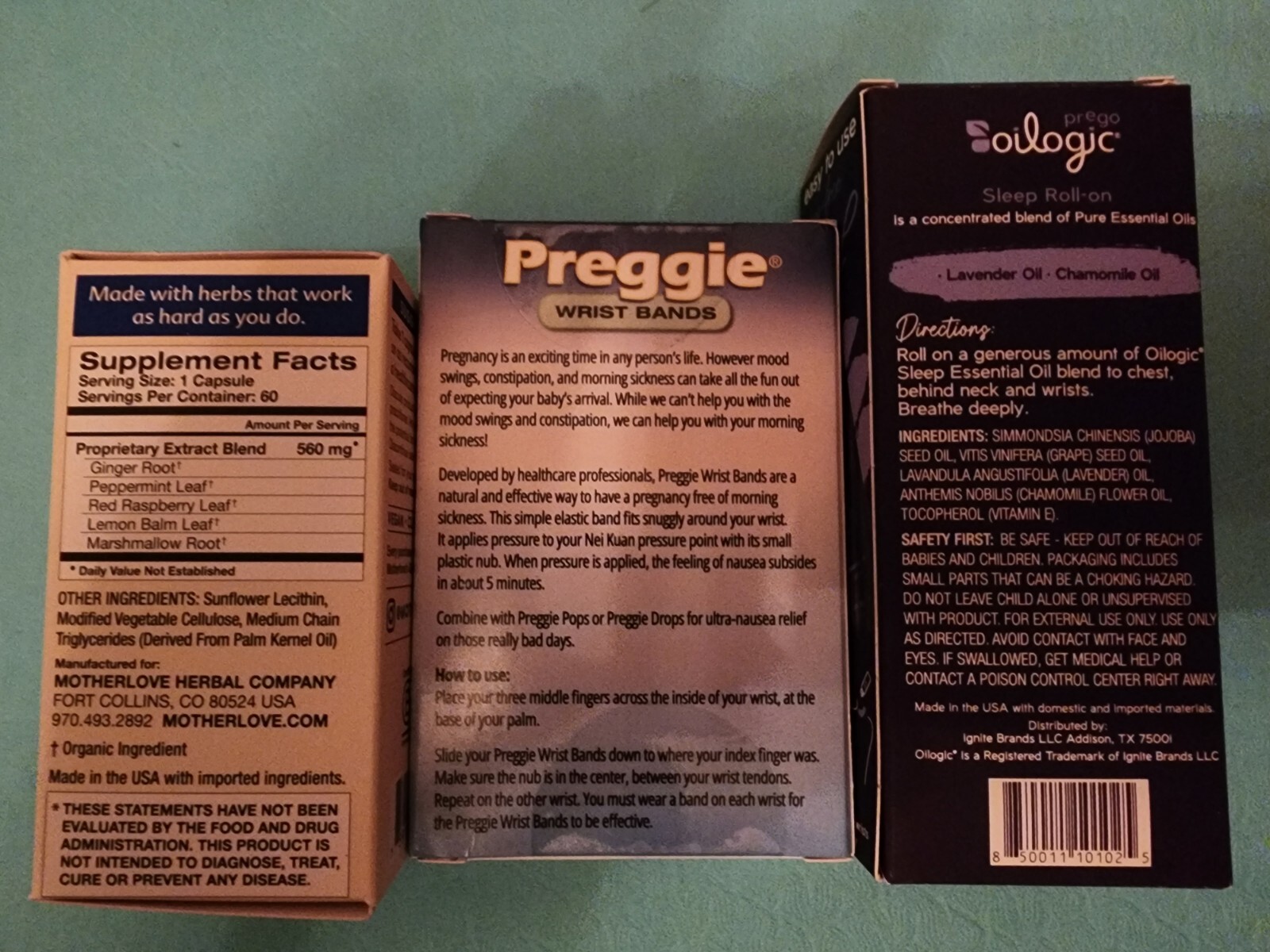 LOT Motherlove Morning Sickness 60 Capsules & Preggie Wrist Bands & oilogic oil