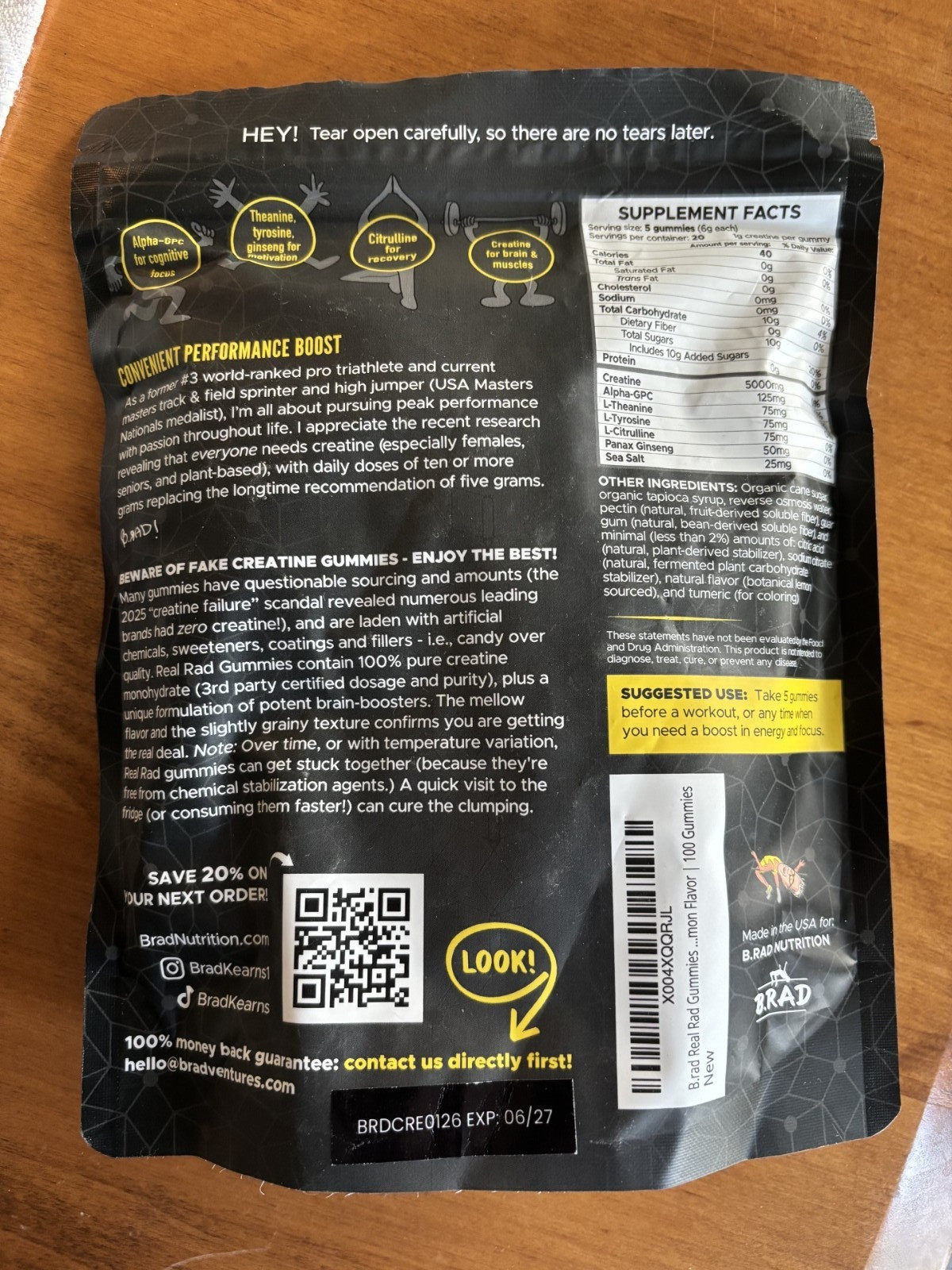 B.rad Real Rad Creatine Gummies 5g Creatine Performance Energy USA Made New!