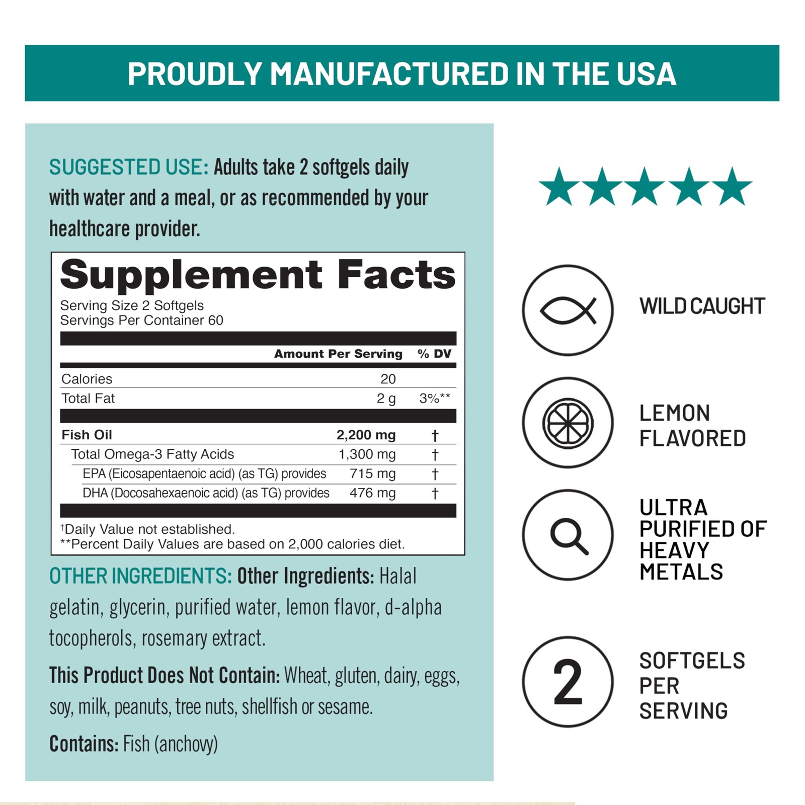 Ultra Omega 3 Fish Oil 2200 mg – 1300 mg – Triglyceride Form – Lemon Flavor -…