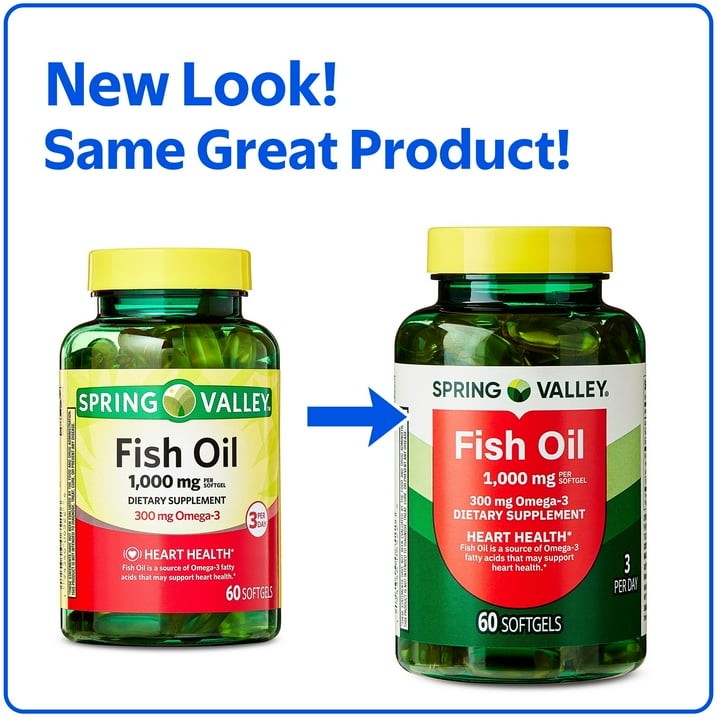 Spring Valley Fish Oil Omega-3 Softgels for Heart Health, 1000 mg, 60 Count