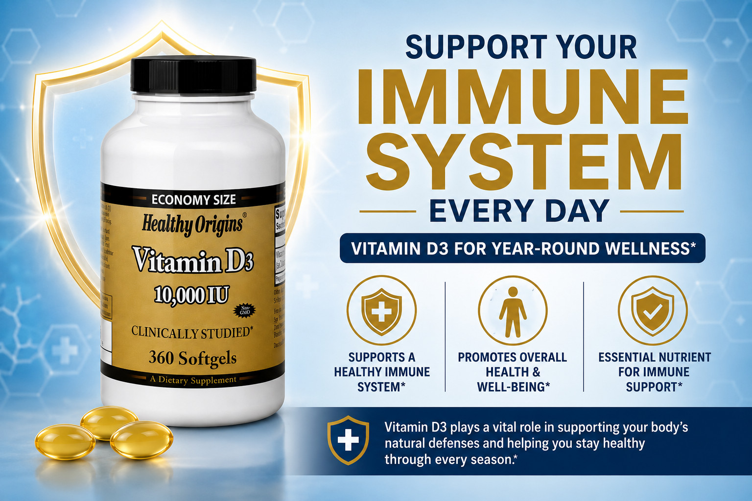 Healthy Origins Vitamin D3 10,000 IU 360 Softgels Non-GMO Bone Immune Support