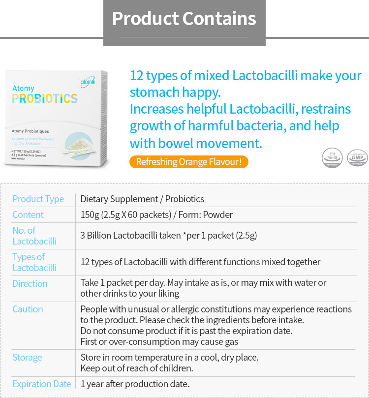 Atomy Probiotics Powder Cfus Lactobacilli Health 20 Billion 2.5gx60 Orangeflavor