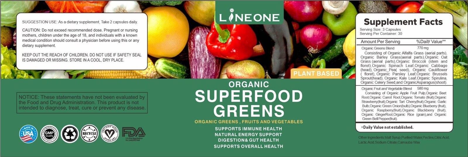 LineOne Balanced and Natural Whole Food Fruits and Veggies Dietary 180 Caps