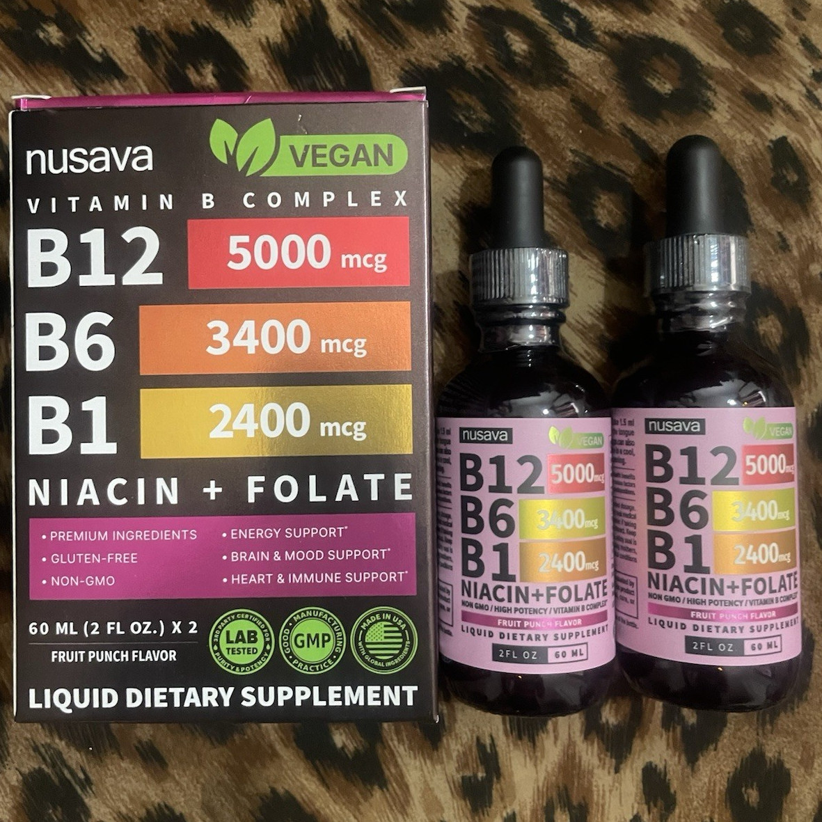 nusava Vegan Liquid Vitamin B Complex B12 5000mcg Fruit Punch 2 fl oz x2