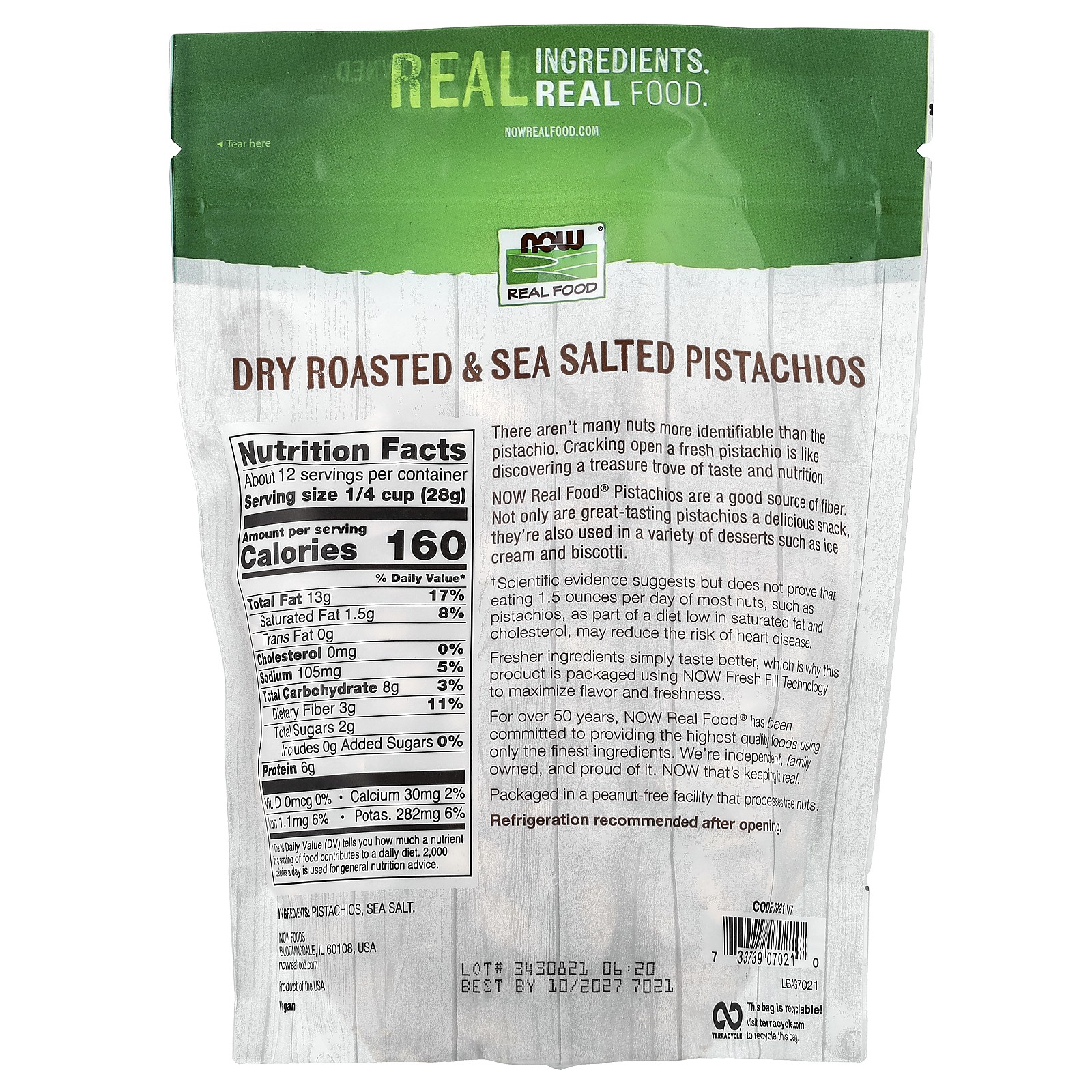 Now Foods Real Food Roasted Pistachios With Sea Salt 12 oz 340 g Non-GMO, Vegan,