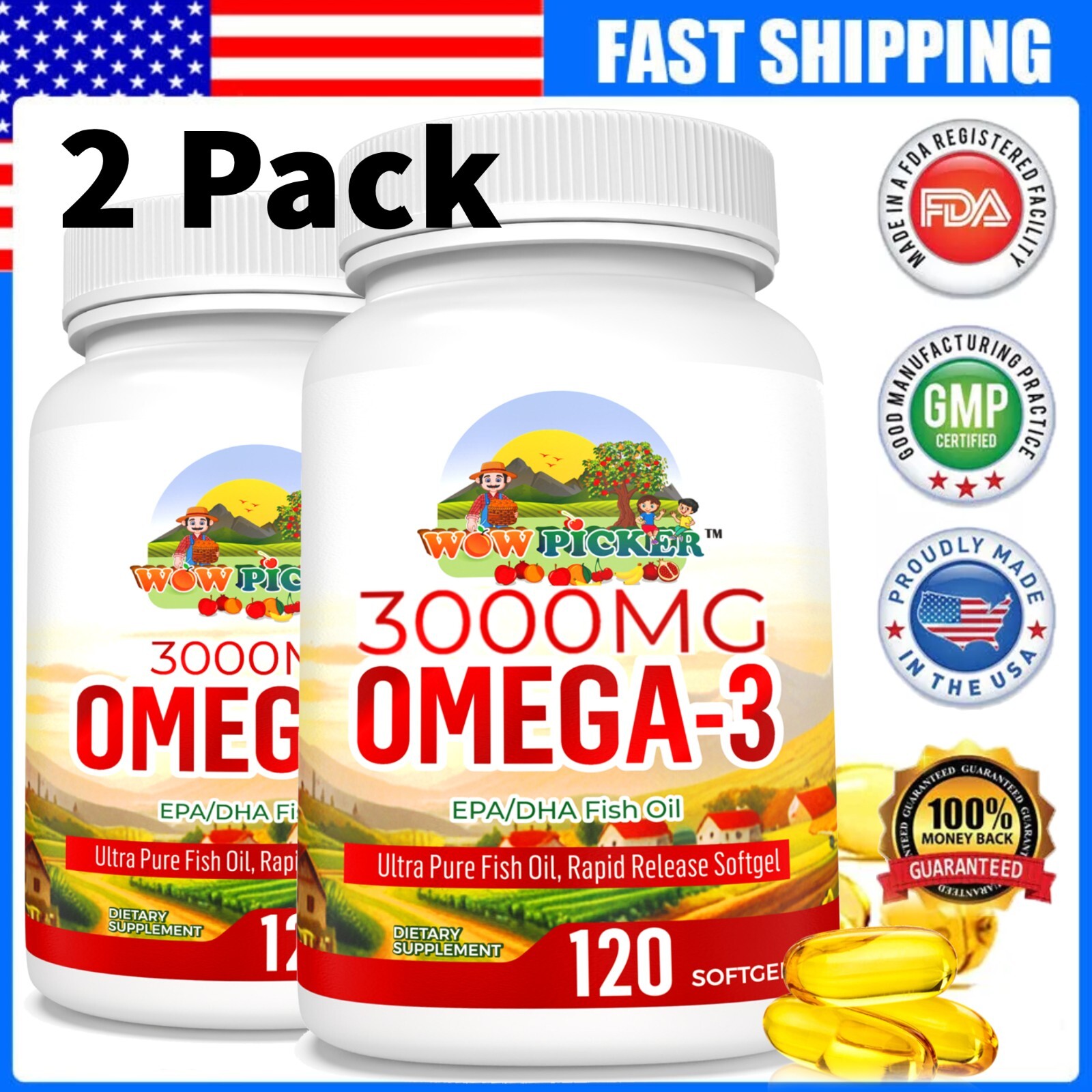 (2 pack) 3000mg Omega-3 Fish Oil for Adults, Support Heart,Brain & Eyes Health
