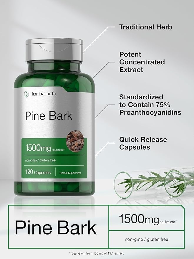 Horbäach Pine Bark Extract Capsules 1500Mg, 120 Count, Non-Gmo and Gluten Free
